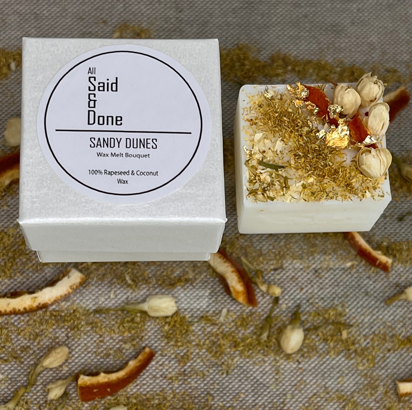 BERGAMOT, LILY OF THE VALLEY AND ORANGE WAX MELT - SANDY DUNES  (20 hrs melt time)